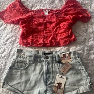 Red Off-Shoulder Top and Light Denim Shorts